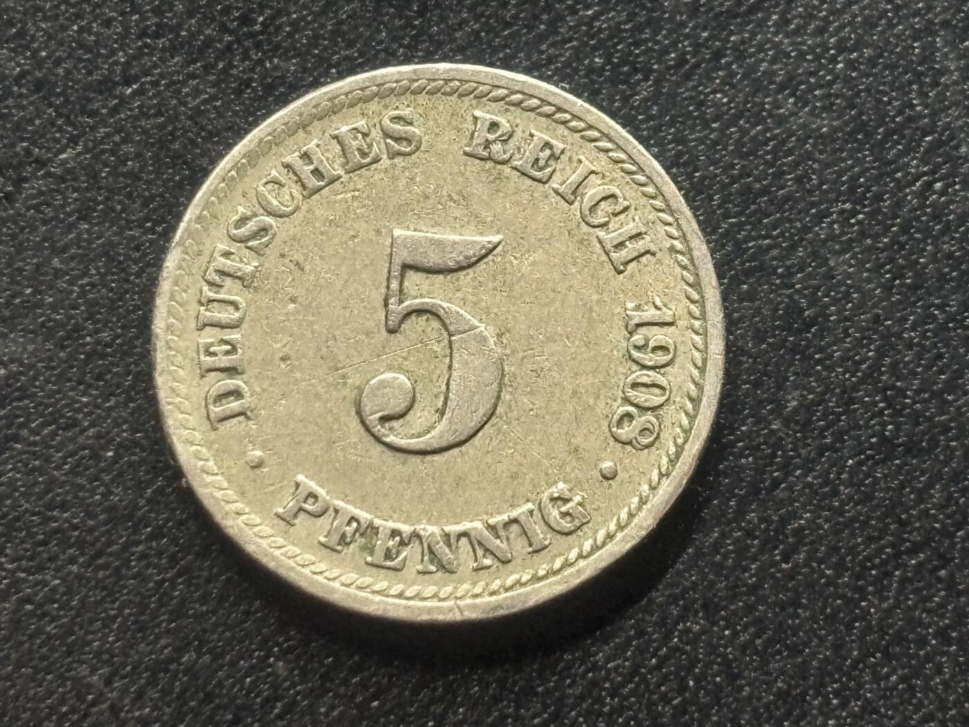 邮泉阁限时拍卖第三十五场 德国硬币专场（硬币在国外。请付邮费6元。） 德意志帝国1908年5芬尼D版