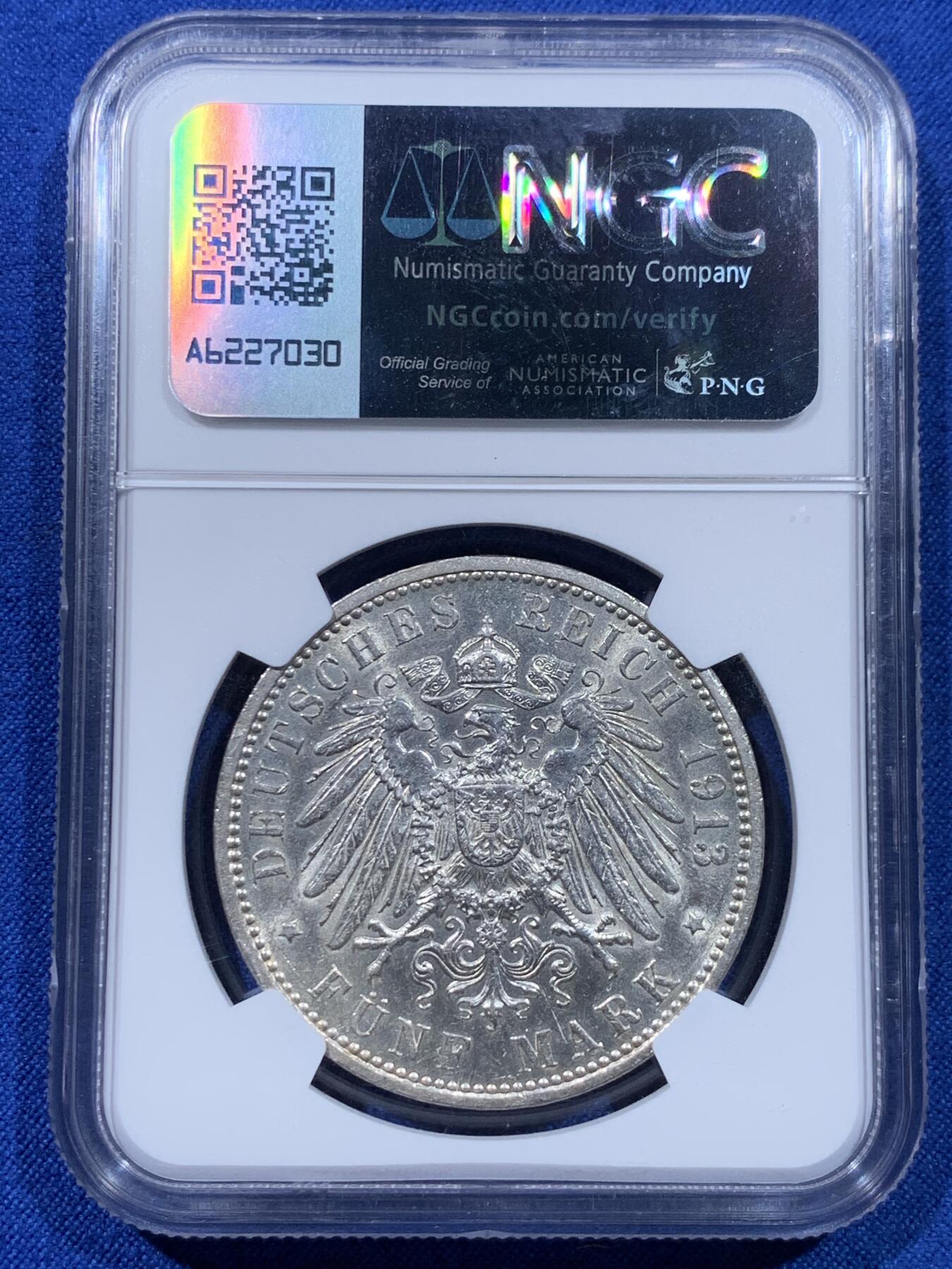 《竞宝斋》第437场 周日，周一2场连拍 （全场包邮） NGC MS62 德国 1913年 汉堡 5马克大银币 状态极佳