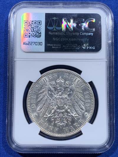 《竞宝斋》第437场 周日，周一2场连拍 （全场包邮） NGC MS62 德国 1913年 汉堡 5马克大银币 状态极佳