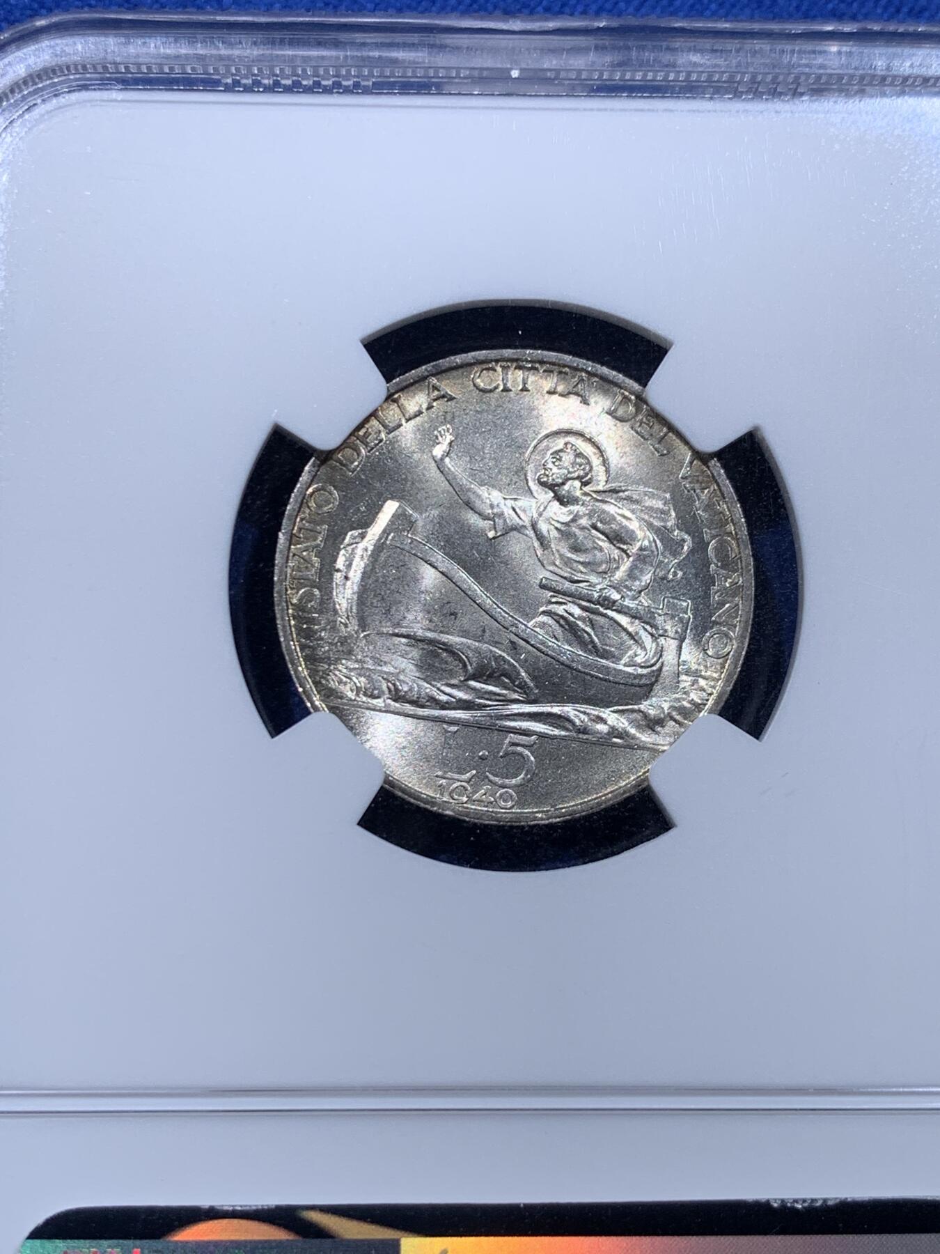 《竞宝斋》第437场 周日，周一2场连拍 （全场包邮） NGC MS64 教皇国梵蒂冈1940庇护十二世5里拉银币 原光