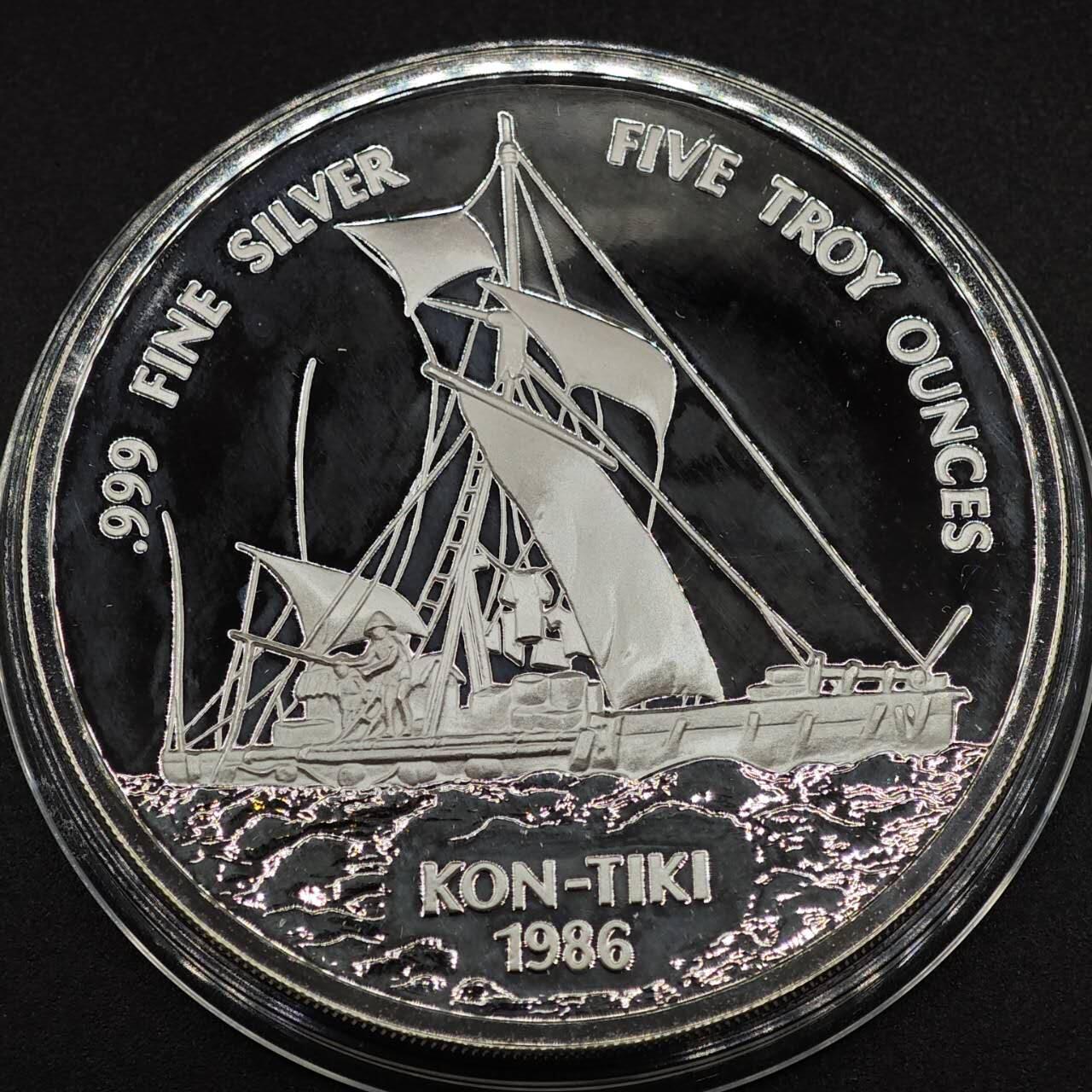 【淘币小摊】实时拍第七百九十五拍   银币套币场   满百包邮可预留二周 每周一统一发货   西萨摩亚1986年“康提基”号帆船25塔拉银币5盎司精制银币1988年克劳斯最具艺术币 银价1711