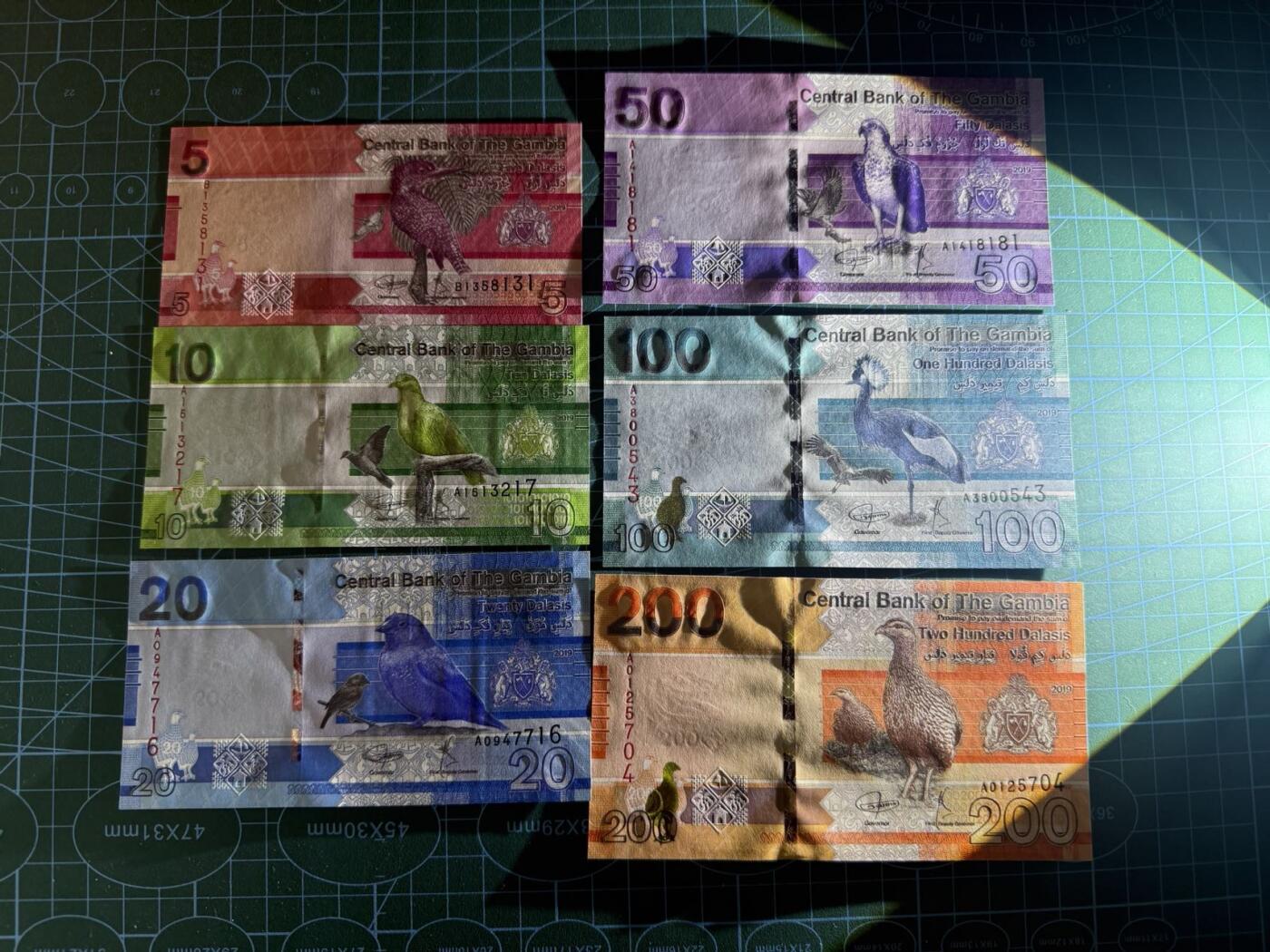 【炜奕收藏】，第五十期 冈比亚5-200达拉西，UNC品相，除5达拉西外其余均为A冠