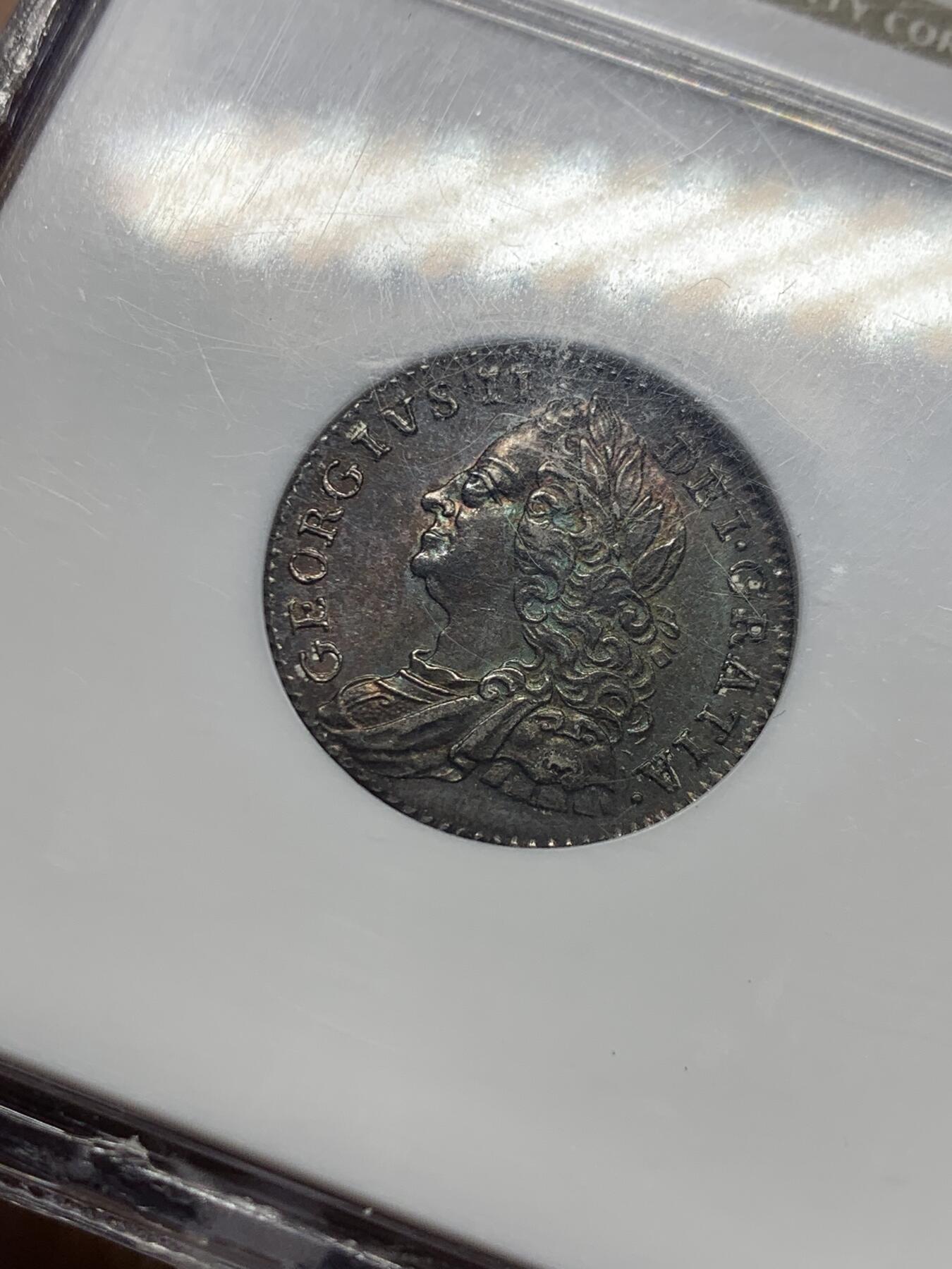 《竞宝斋》第437场 周日，周一2场连拍 （全场包邮） NGC MS63 英国 1758年 乔治二世末年六便士银币 双面原味深彩包浆 镜面感十足 没有黑麻子 全深打 值得关注