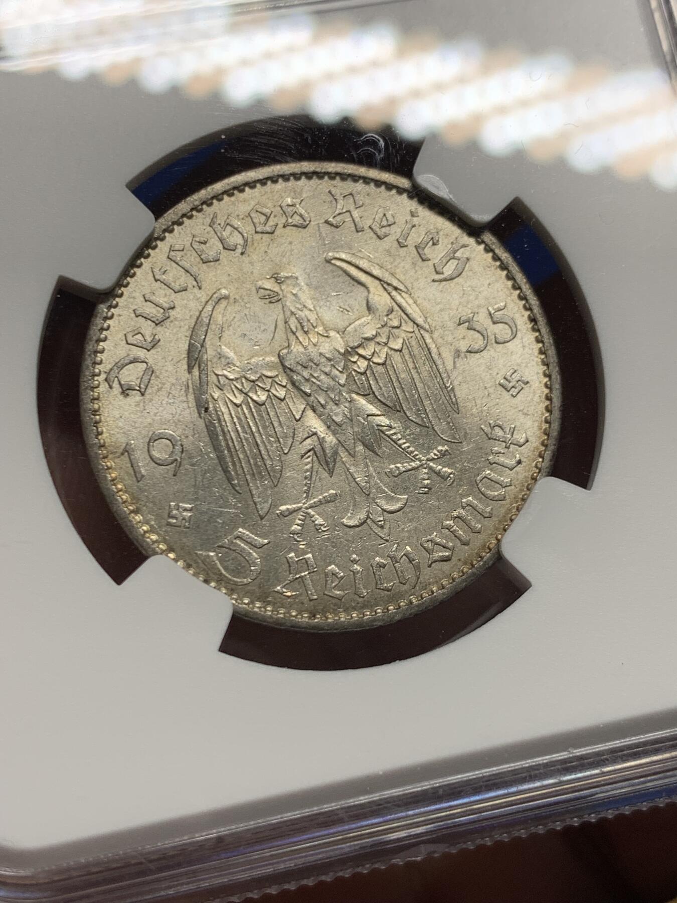 《竞宝斋》第437场 周日，周一2场连拍 （全场包邮） NGC MS61 德国第三帝国 1935A 波茨坦教堂 5马克 银币 第三帝国银币极少见五彩