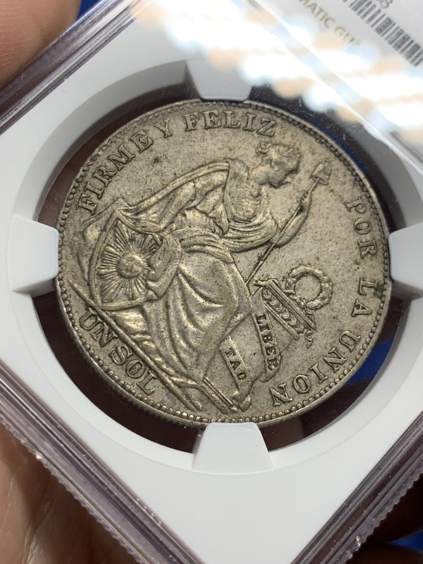 《竞宝斋》第437场 周日，周一2场连拍 （全场包邮） NGC AU50 秘鲁 1934年 女神 1索尔 银币 老包浆状态很舒服