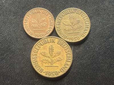 邮泉阁限时拍卖第三十五场 德国硬币专场（硬币在国外。请付邮费6元。） 西德（联邦德国）1950年F版3枚