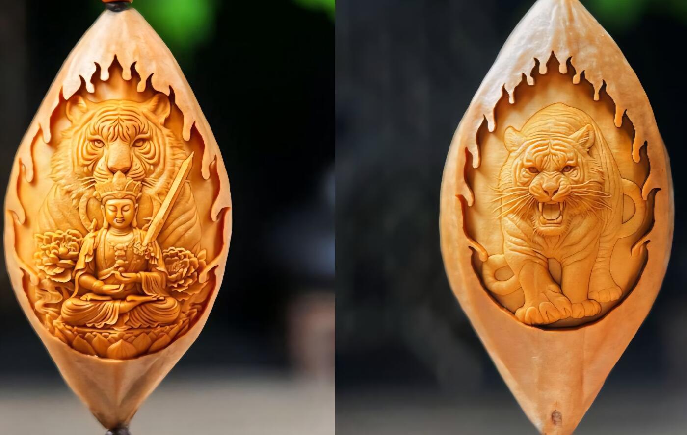 听雨轩（22）精品十二生肖双面核雕专场 橄榄核雕2.1双面十二生肖 虎 单粒