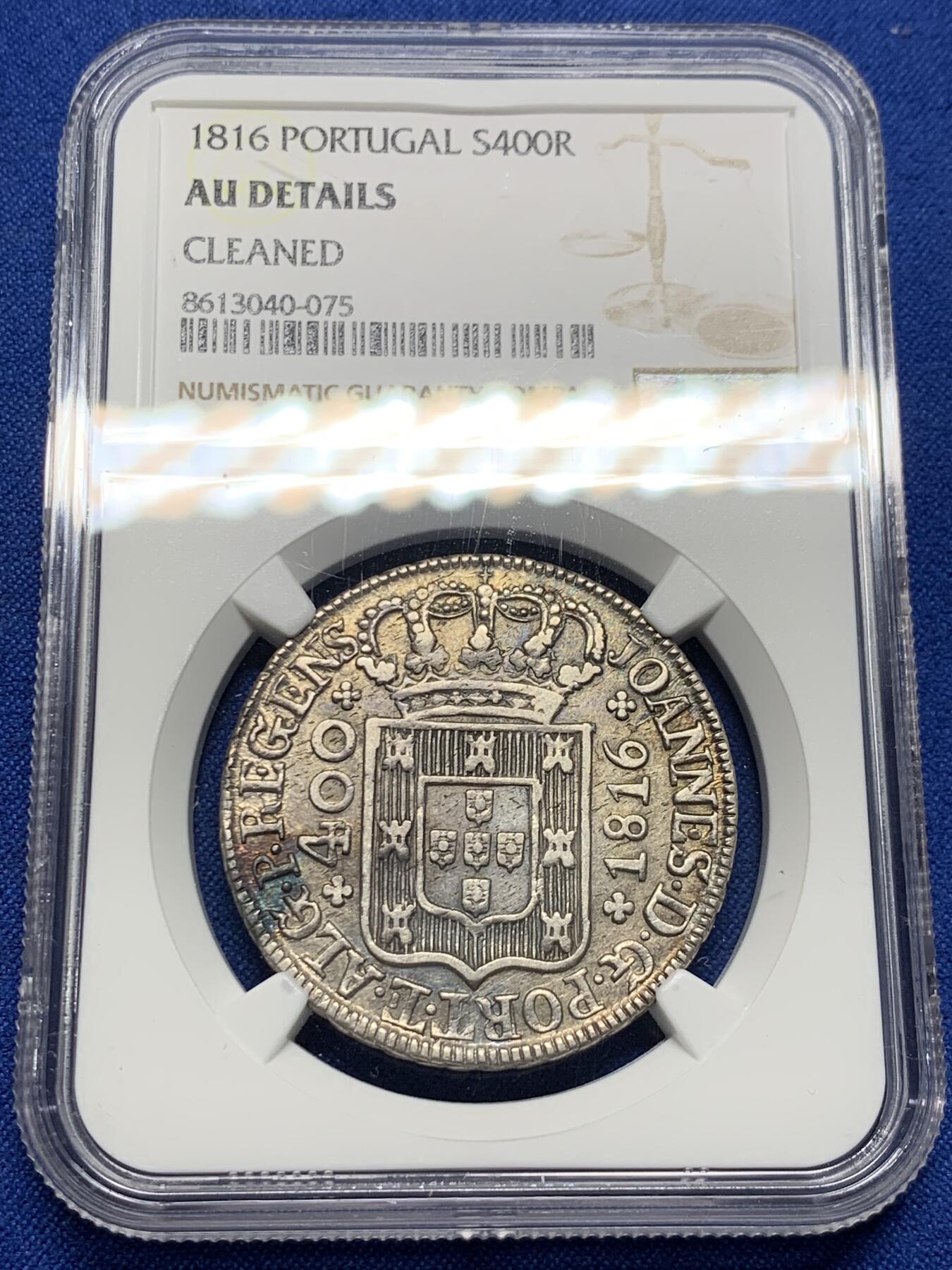 《竞宝斋》第437场 周日，周一2场连拍 （全场包邮） NGC AUD 1816葡萄牙400R，枪灰色包浆，带光明显，这个工艺深打难得
