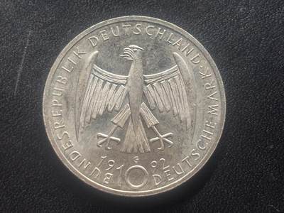 邮泉阁限时拍卖第三十五场 德国硬币专场（硬币在国外。请付邮费6元。） 德国联邦共和国1992年10马克纪念银币