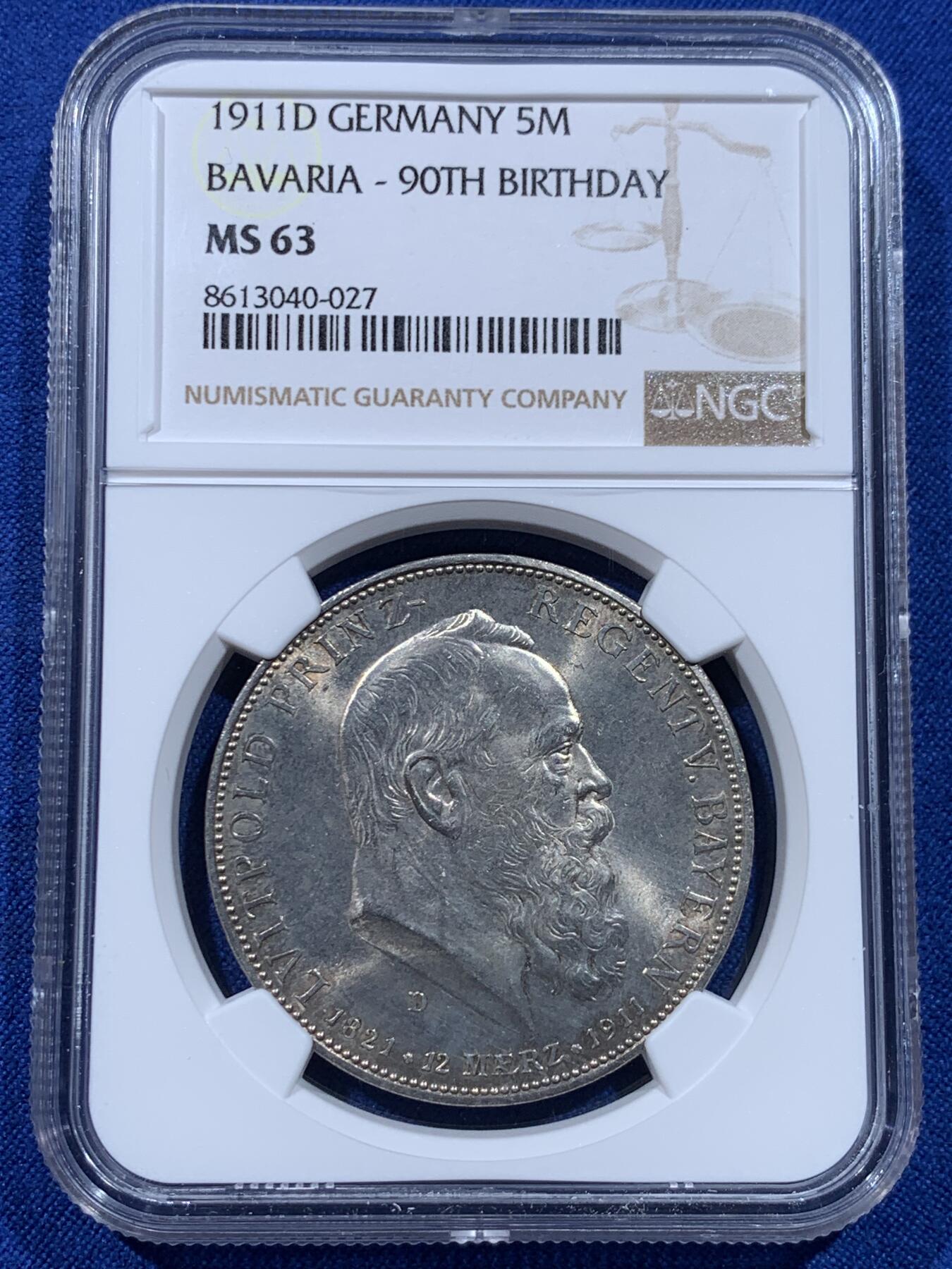 《竞宝斋》第437场 周日，周一2场连拍 （全场包邮） NGC MS63 德国巴伐利亚1911年利奥波德诞辰90周年5马克 银币