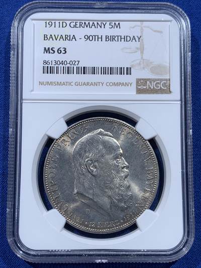 《竞宝斋》第437场 周日，周一2场连拍 （全场包邮） - NGC MS63 德国巴伐利亚1911年利奥波德诞辰90周年5马克 银币