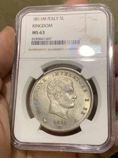 《竞宝斋》第437场 周日，周一2场连拍 （全场包邮） NGC MS63 意大利王国1811 拿破仑5里拉 拿破仑翻越阿尔卑斯山，战胜意大利，铸造的大银币 双面深打几乎没有减重痕 太不容易
