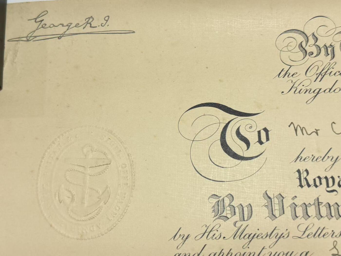 韵星假日精品2025秋季军品类拍卖会-- Rimey Holidays Boutique 2025 Autumn Militaria Sale 英国乔治五世亲签 大英帝国皇家海军志愿预备队中尉奥罗科德任命证书 并且带有军需部部长，海军上将亲签   