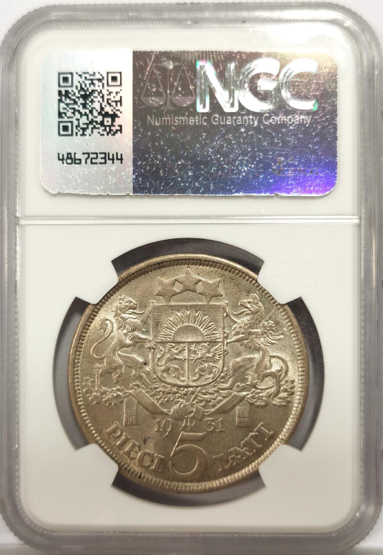 博洋堂世界钱币拍卖第146期（全场包邮） NGC MS62 拉脱维亚1931年5拉特银币 黄油老包浆