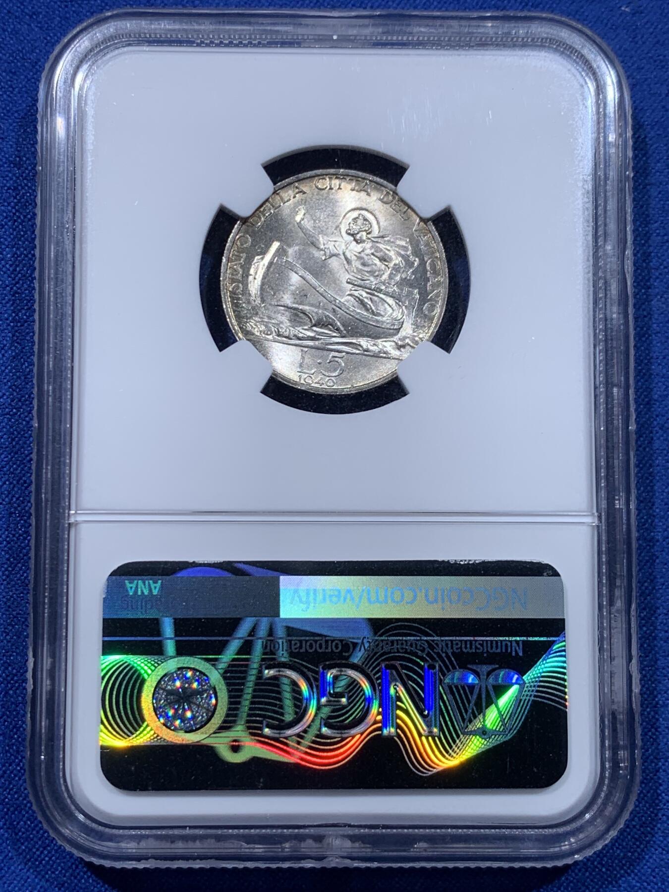 《竞宝斋》第437场 周日，周一2场连拍 （全场包邮） NGC MS64 教皇国梵蒂冈1940庇护十二世5里拉银币 原光