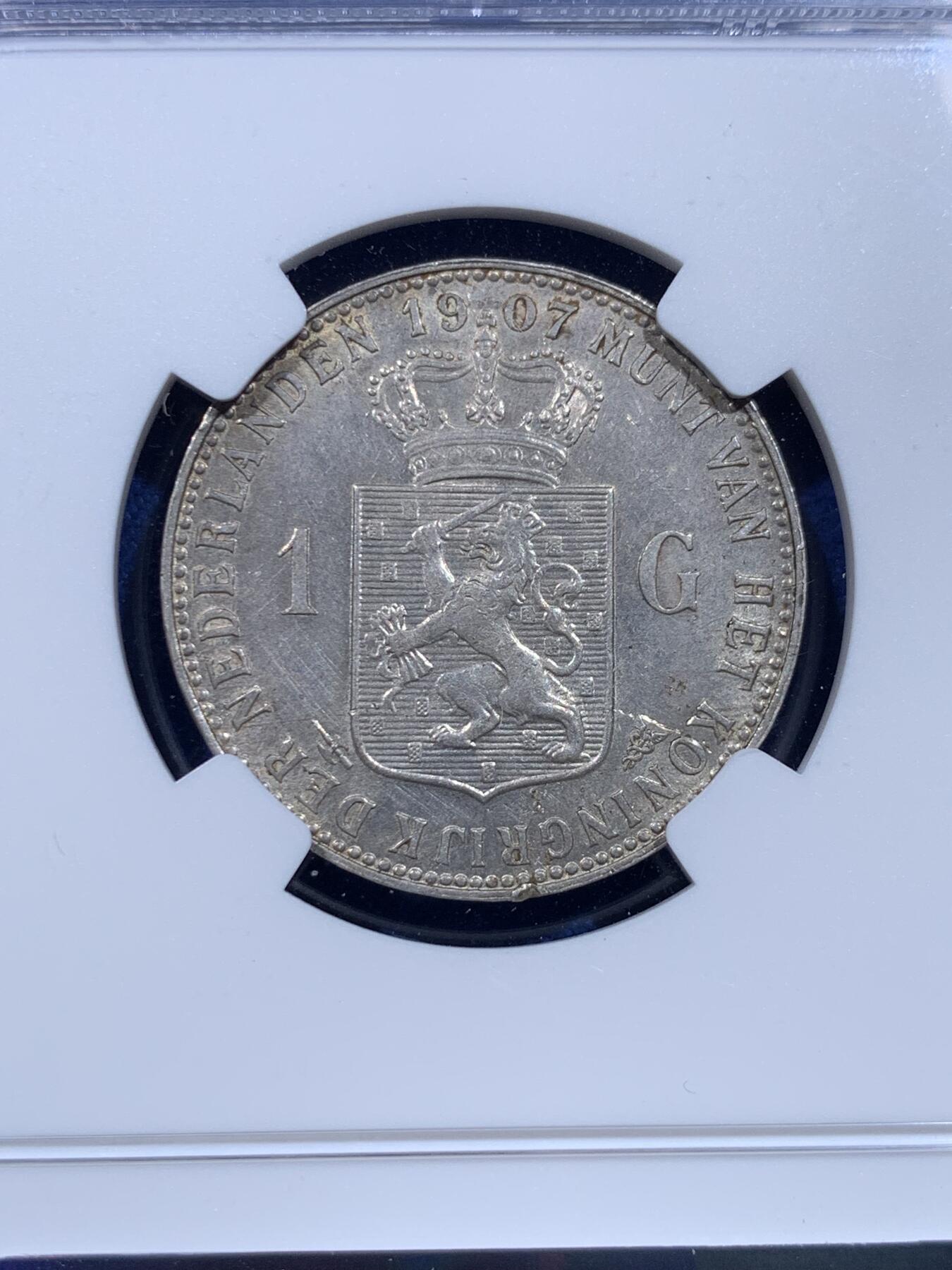 《竞宝斋》第437场 周日，周一2场连拍 （全场包邮） NGC UNC 荷兰1907年威廉明娜女王1盾银币