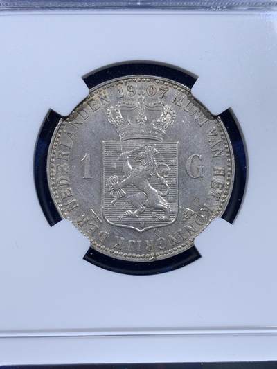 《竞宝斋》第437场 周日，周一2场连拍 （全场包邮） NGC UNC 荷兰1907年威廉明娜女王1盾银币