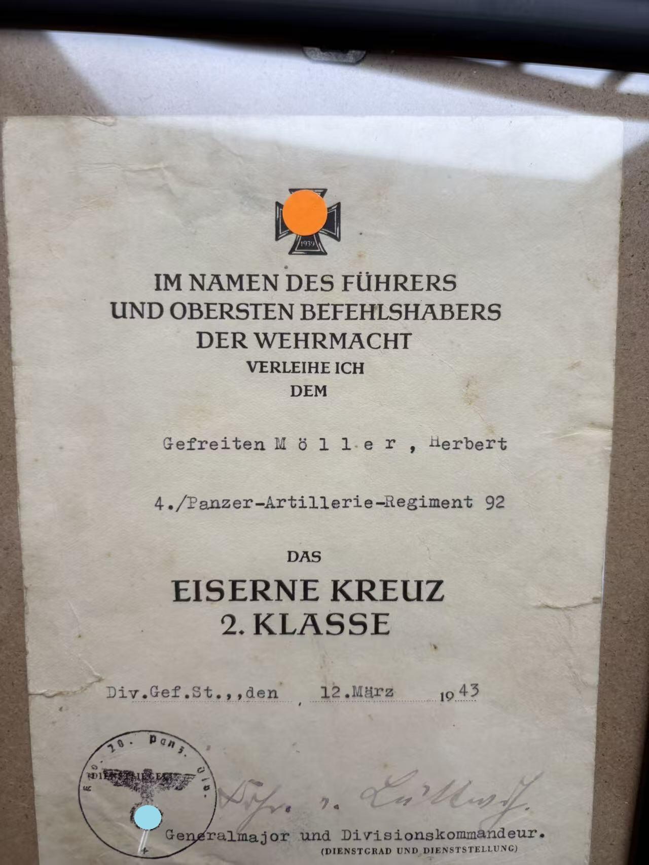 盛世勋华——号角文化勋章邮票专场拍卖第288期 德国（1939）二级铁十字勋章证书 授予第92装甲炮兵团赫伯特·莫勒下士 第20装甲师师长威廉·里特·冯·托马签名