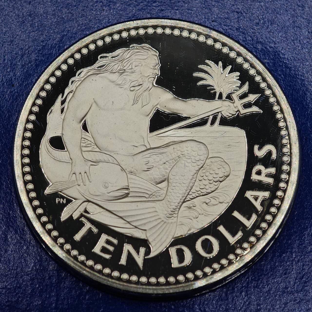 【淘币小摊】实时拍第七百九十五拍   银币套币场   满百包邮可预留二周 每周一统一发货   巴巴多斯1975年10元海神精制银币 重37.9克925银 纯银价386