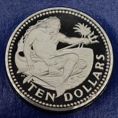 【淘币小摊】实时拍第七百九十五拍   银币套币场   满百包邮可预留二周 每周一统一发货   - 巴巴多斯1975年10元海神精制银币 重37.9克925银 纯银价386