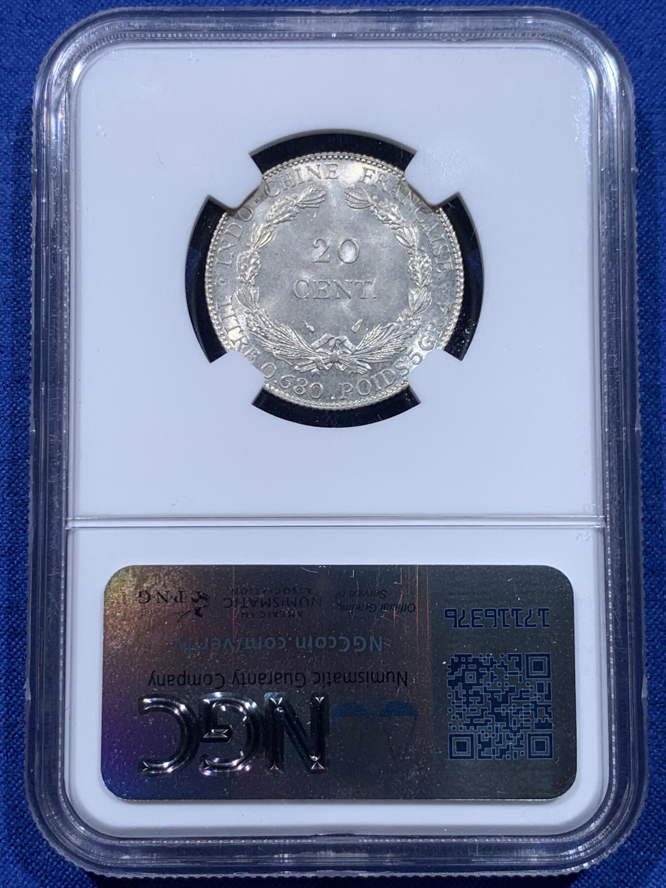 《竞宝斋》第437场 周日，周一2场连拍 （全场包邮） NGC MS65 法属印支 1937年 坐洋20分 极美品质，N压分后仍获65分，面部尽显分毫，美丽无须多言。