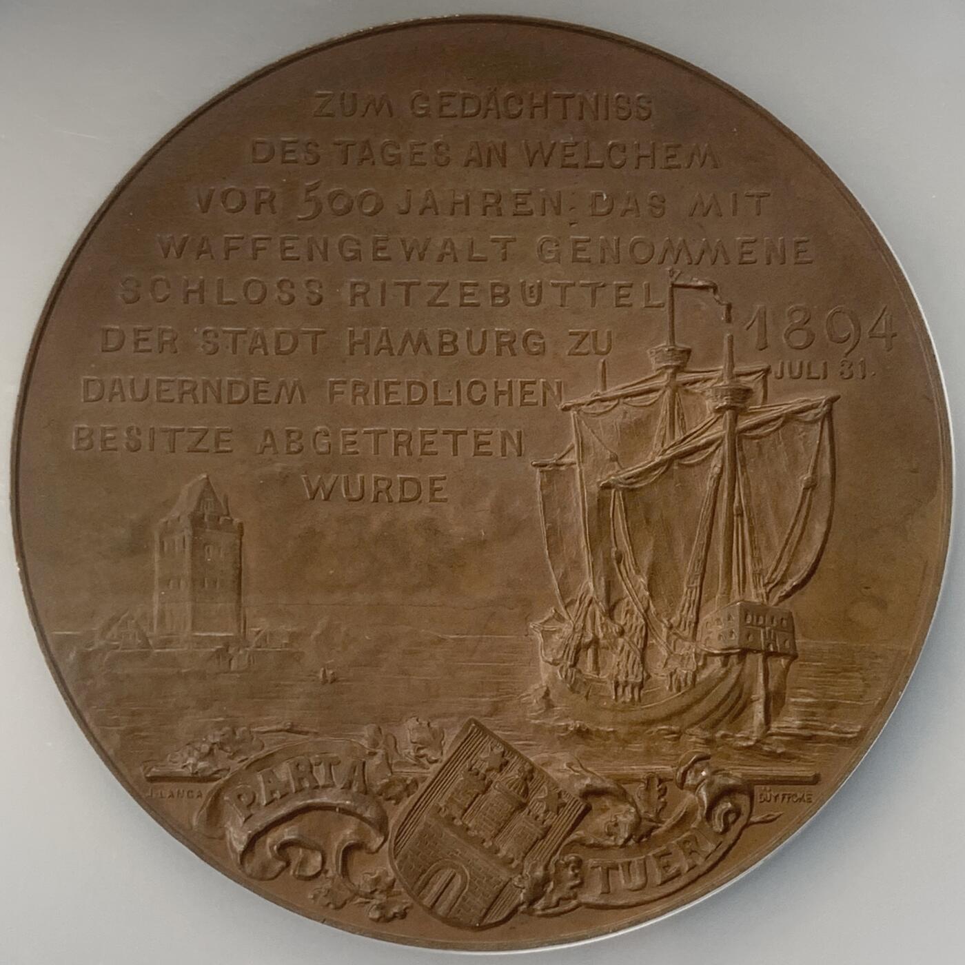 掌中浮雕-藏着的欧洲第041场 NGC MS63 ：1894年德国纪念里策布特尔城堡并入汉堡500周年，60mm