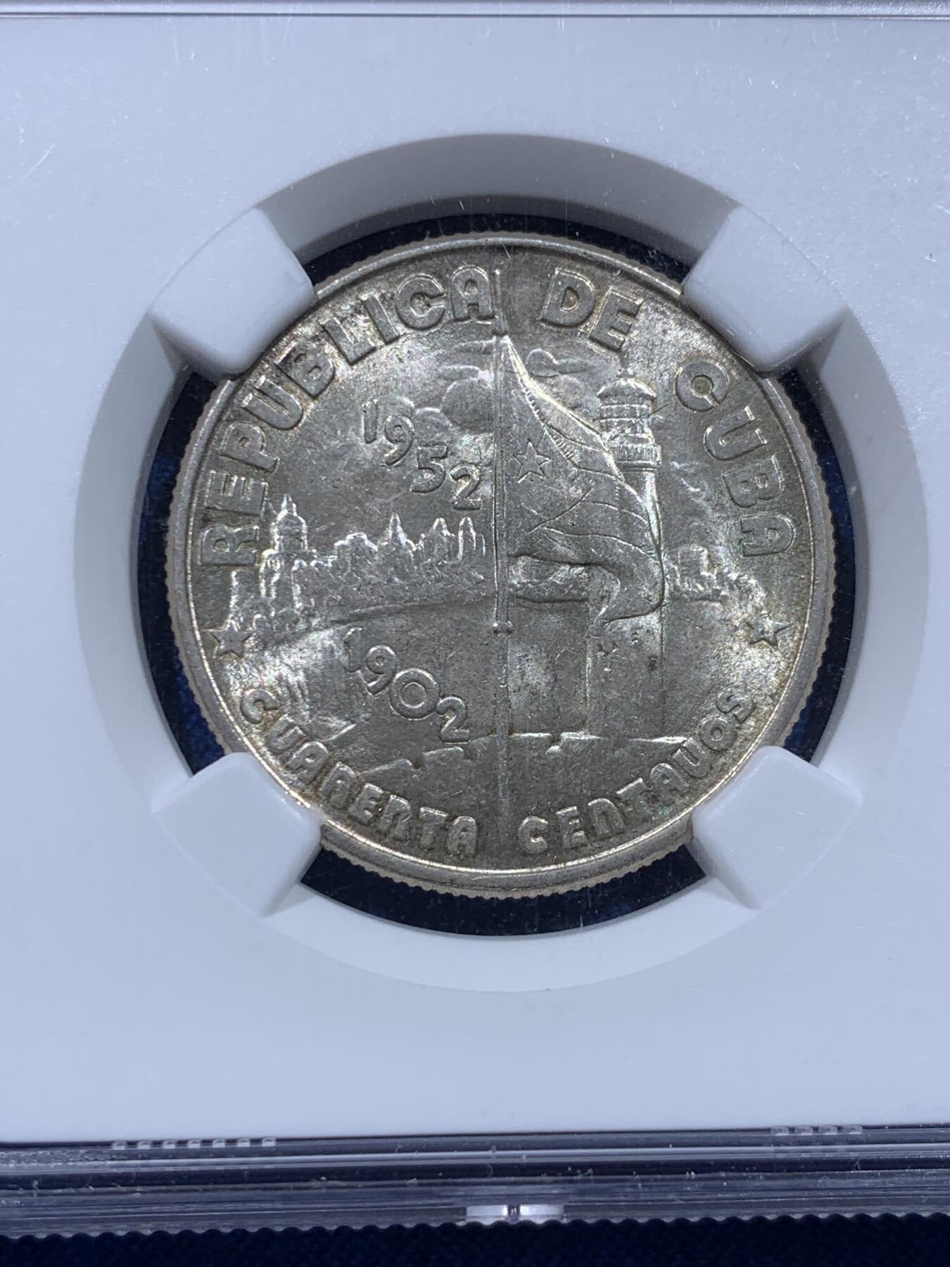 《竞宝斋》第437场 周日，周一2场连拍 （全场包邮） NGC MS64 古巴1952年共和国五十周年纪念40分银币，单年版，倒挂非常严重的品种，早在21年外拍65分就以525美元成交，今年9月SBP拍卖66分更是以1900美元不含佣落槌，外拍大热点