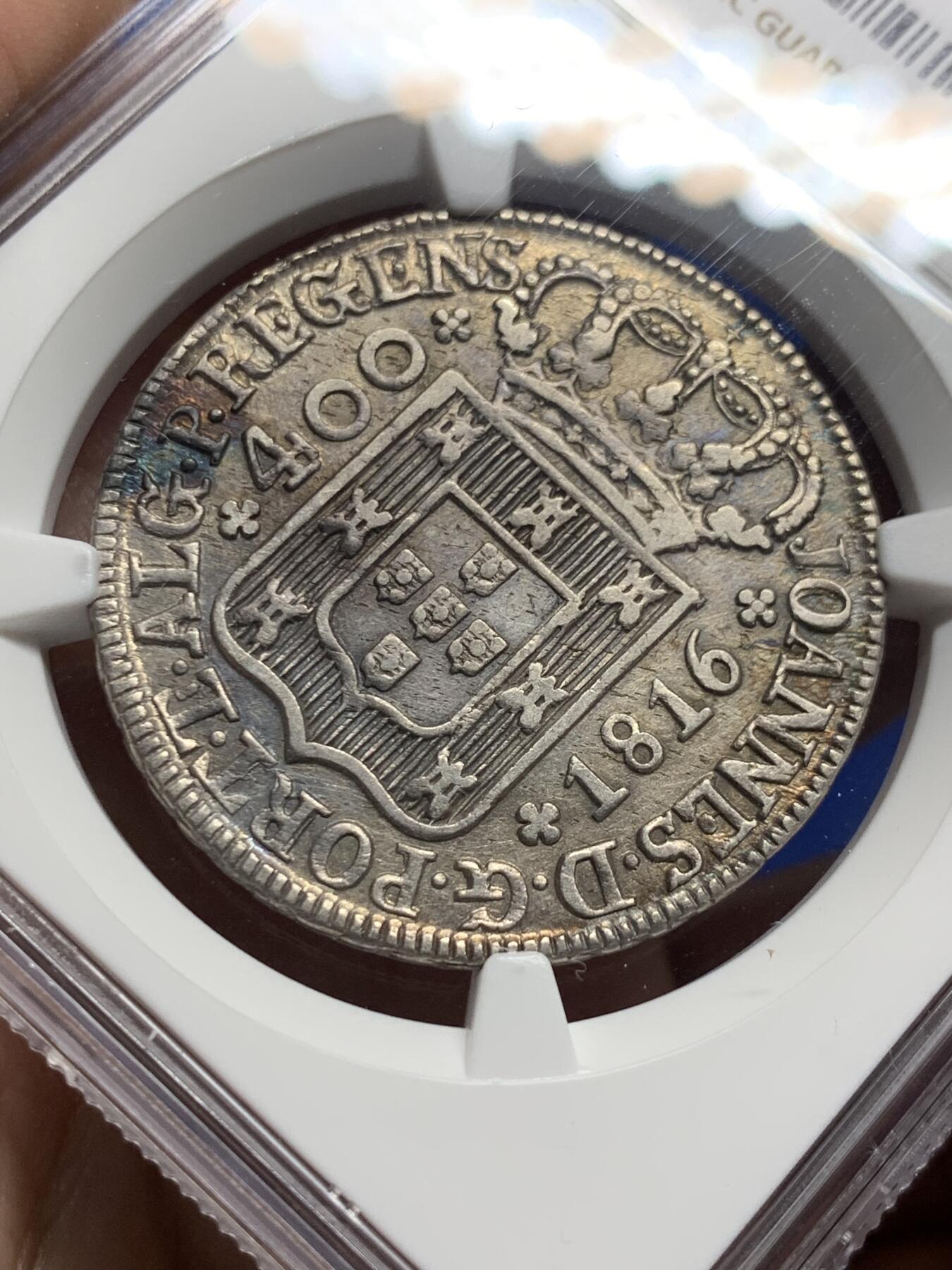 《竞宝斋》第437场 周日，周一2场连拍 （全场包邮） NGC AUD 1816葡萄牙400R，枪灰色包浆，带光明显，这个工艺深打难得