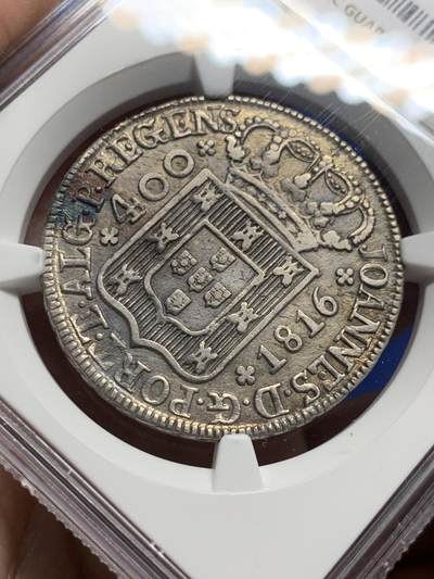 《竞宝斋》第437场 周日，周一2场连拍 （全场包邮） NGC AUD 1816葡萄牙400R，枪灰色包浆，带光明显，这个工艺深打难得
