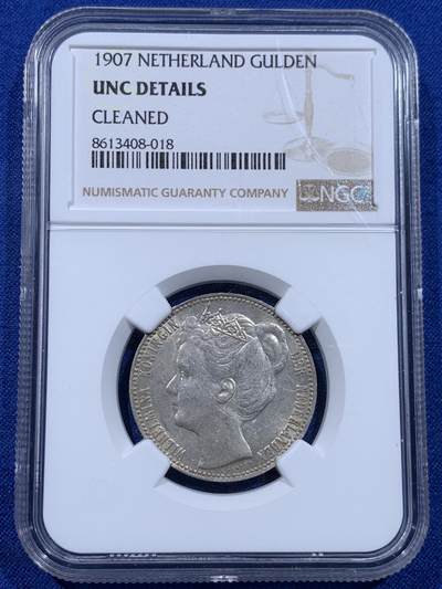 《竞宝斋》第437场 周日，周一2场连拍 （全场包邮） - NGC UNC 荷兰1907年威廉明娜女王1盾银币