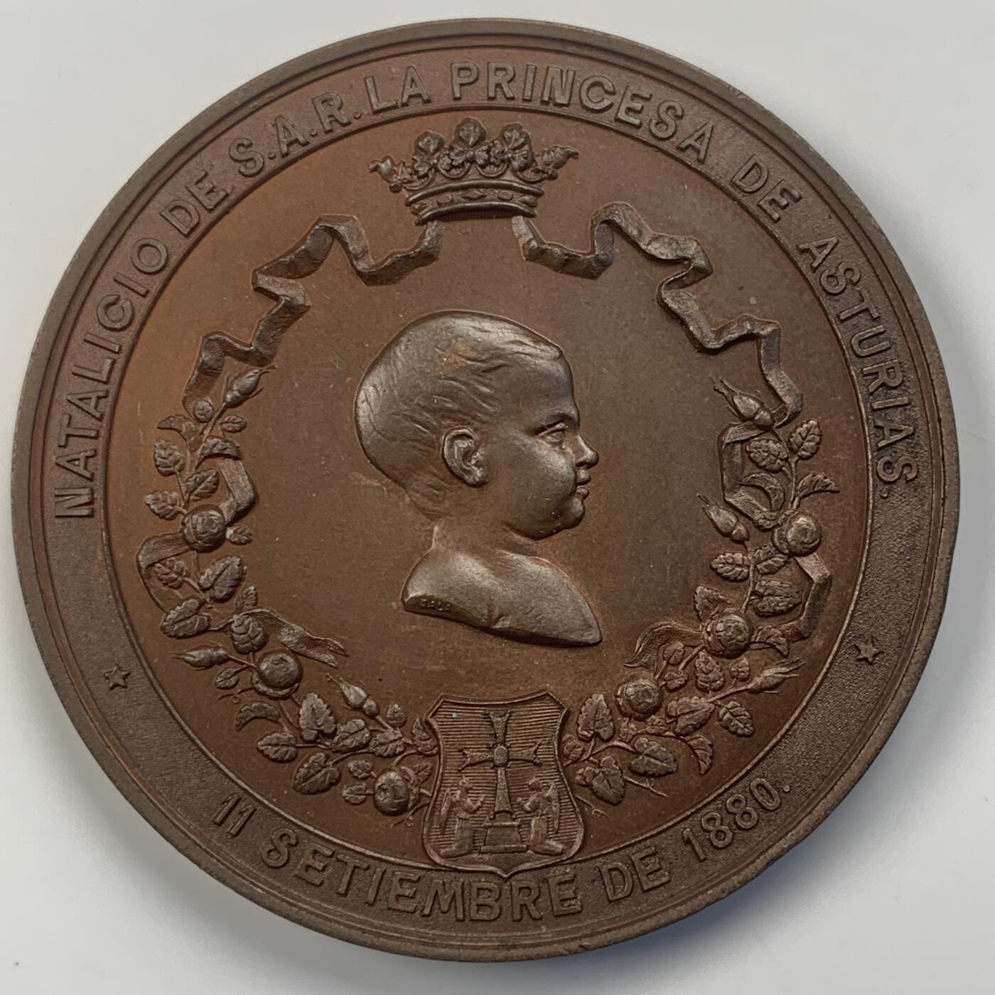 掌中浮雕-藏着的欧洲第041场 1880年西班牙阿方索十二世女儿诞生纪念铜章，57mm