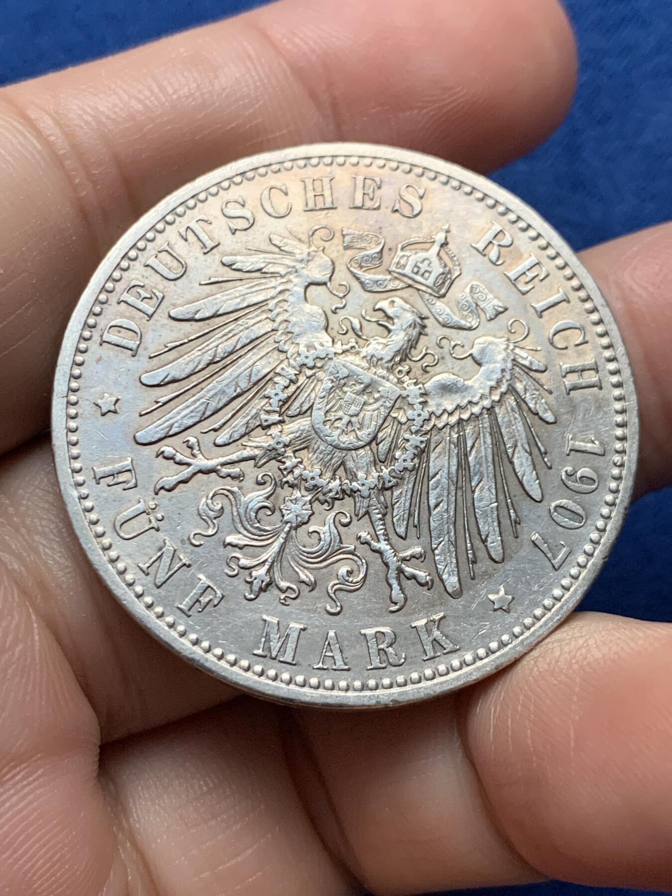 《竞宝斋》第437场 周日，周一2场连拍 （全场包邮） 德国1907年巴伐利亚奥托一世5马克银币 27.6g