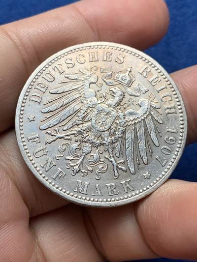 《竞宝斋》第437场 周日，周一2场连拍 （全场包邮） 德国1907年巴伐利亚奥托一世5马克银币 27.6g