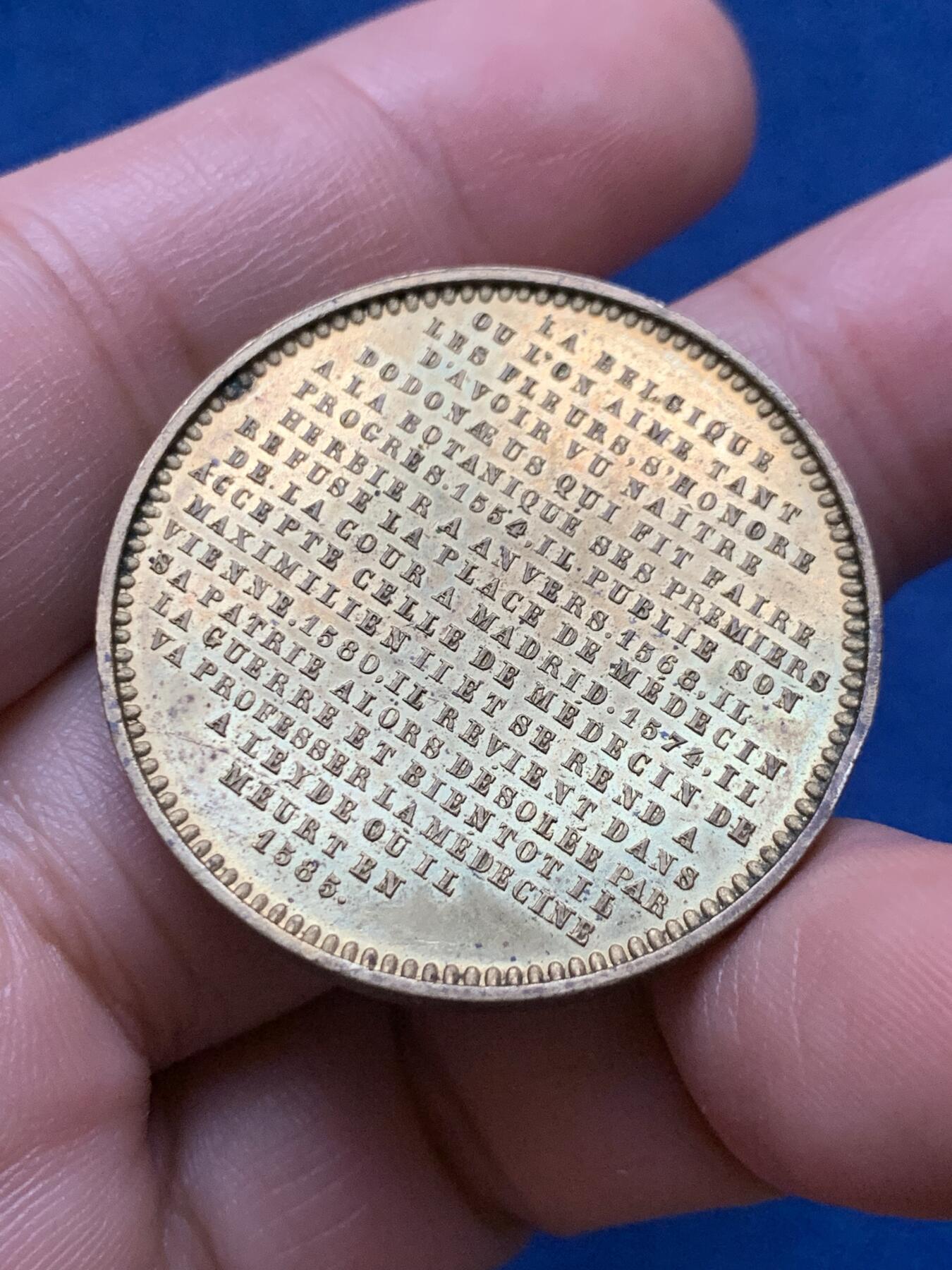 《竞宝斋》第437场 周日，周一2场连拍 （全场包邮） 比利时伦伯特·多登斯纪念章 16.55克 34.2mm 原味高浮雕 品种少见