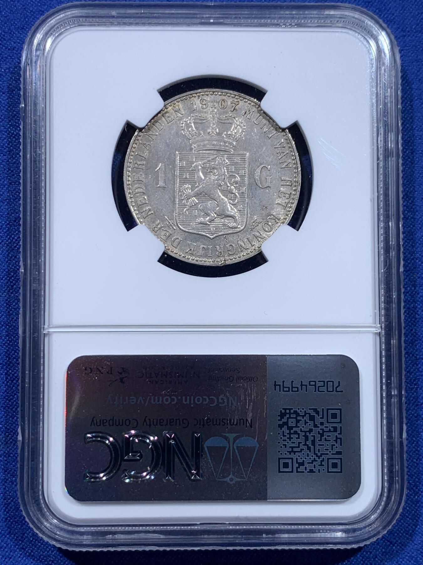 《竞宝斋》第437场 周日，周一2场连拍 （全场包邮） NGC UNC 荷兰1907年威廉明娜女王1盾银币