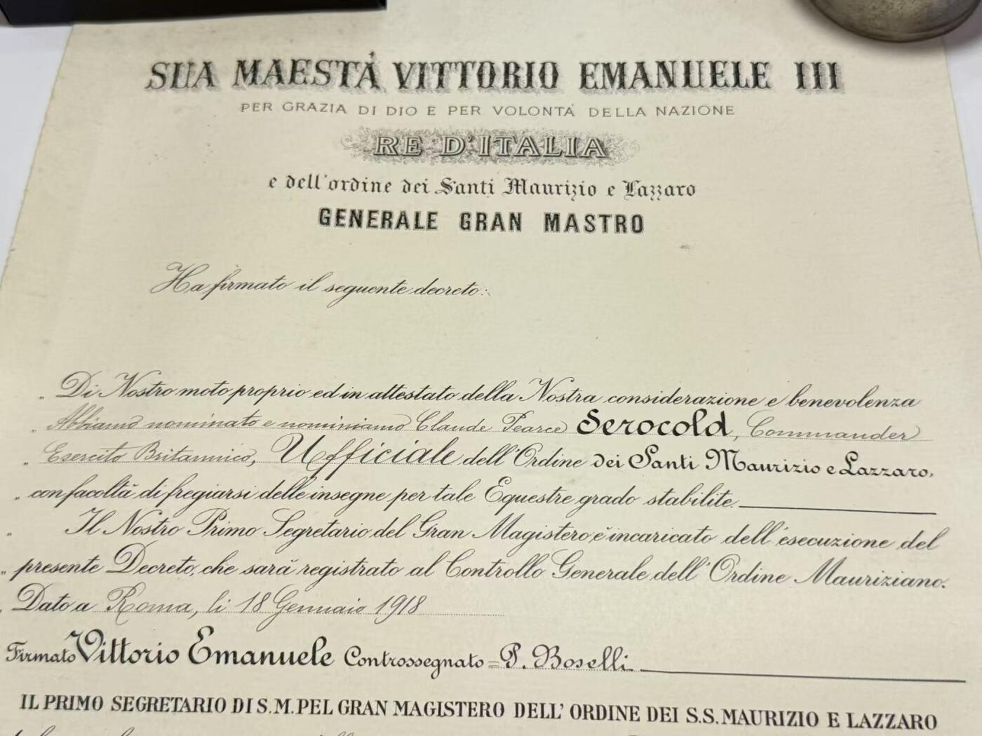 韵星假日精品2025秋季军品类拍卖会-- Rimey Holidays Boutique 2025 Autumn Militaria Sale 意大利首相亲签 英国皇家海军军官奥罗科德的军官级“圣莫里斯与圣拉撒路”勋章