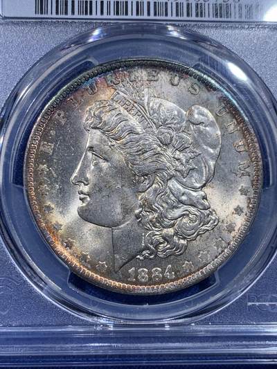 《竞宝斋》第437场 周日，周一2场连拍 （全场包邮） PCGS MS64 美国 1884年O版 摩根银元 五彩包浆