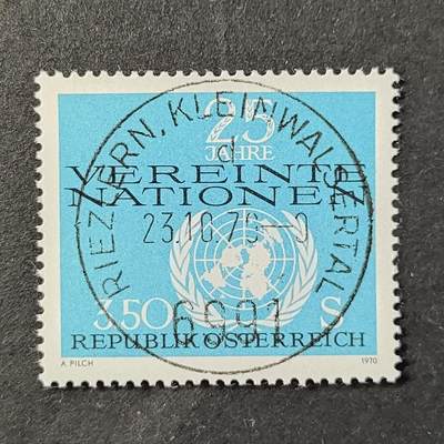 嘉禾收藏    【第375期】            无佣金、可寄存、满30元包邮 - 奥地利邮票，1970年联合国成立25周年·徽章地图邮票1全