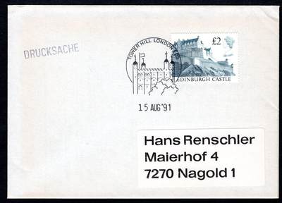 洪涛臻品批发群 精选邮票限时拍卖第1162期  - 英国1991年寄德国实寄封,2英镑爱丁堡城堡,带原始内件