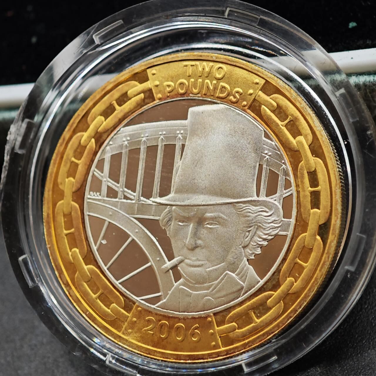 【淘币小摊】实时拍第七百九十五拍   银币套币场   满百包邮可预留二周 每周一统一发货   2006年英国2英镑2枚外圈镀金精制银币套 布鲁内尔（19世纪英国著名工程师）及其成就 2X12克925银 发行量2万 盒证全