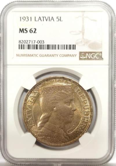 博洋堂世界钱币拍卖第146期（全场包邮） - NGC MS62 拉脱维亚1931年5拉特银币 黄油老包浆