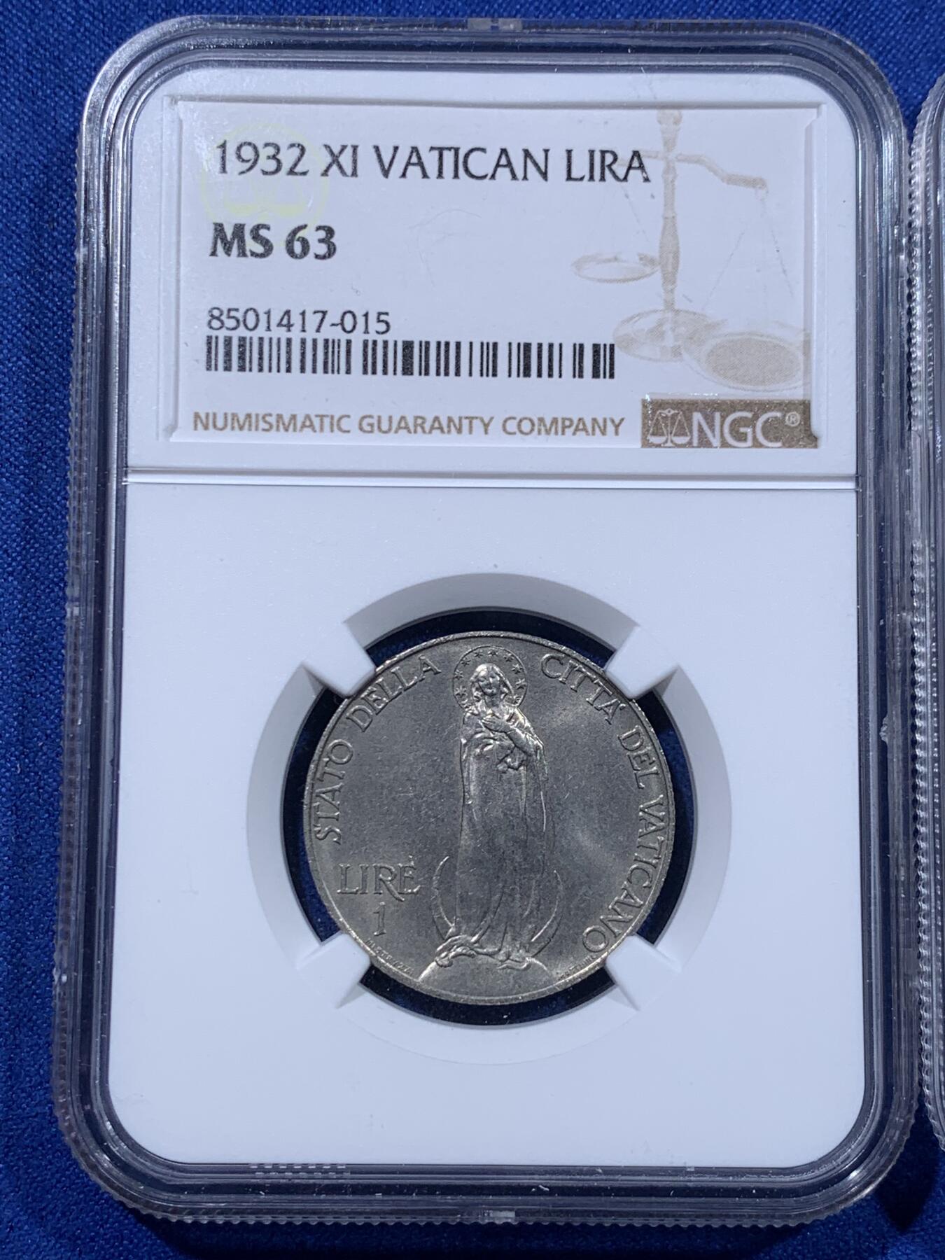 《竞宝斋》第437场 周日，周一2场连拍 （全场包邮） 两枚一组 NGC MS63 梵蒂冈 1932/36年 1里拉+2里拉镍币