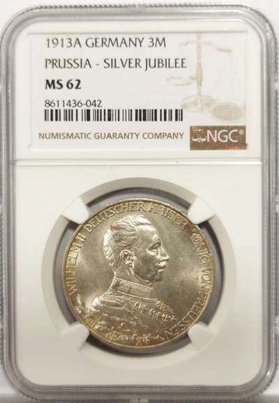博洋堂世界钱币拍卖第146期（全场包邮） - NGC MS62 德国普鲁士1913年威廉二世花枝3马克银币