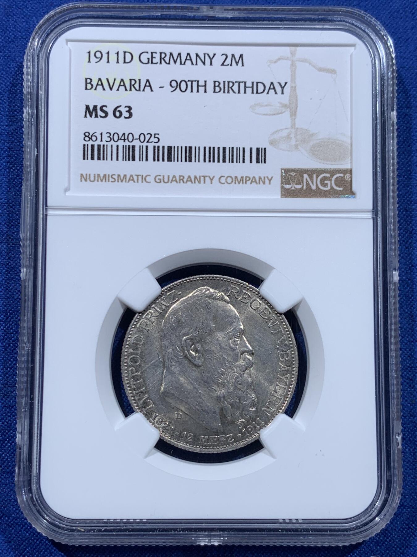 《竞宝斋》第437场 周日，周一2场连拍 （全场包邮） NGC MS63 德国巴伐利亚1911年利奥波德诞辰90周年2马克银币