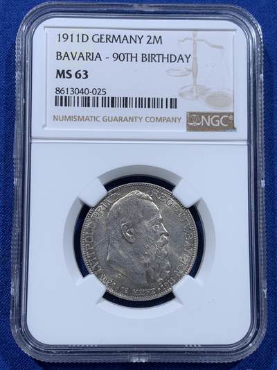 《竞宝斋》第437场 周日，周一2场连拍 （全场包邮） - NGC MS63 德国巴伐利亚1911年利奥波德诞辰90周年2马克银币
