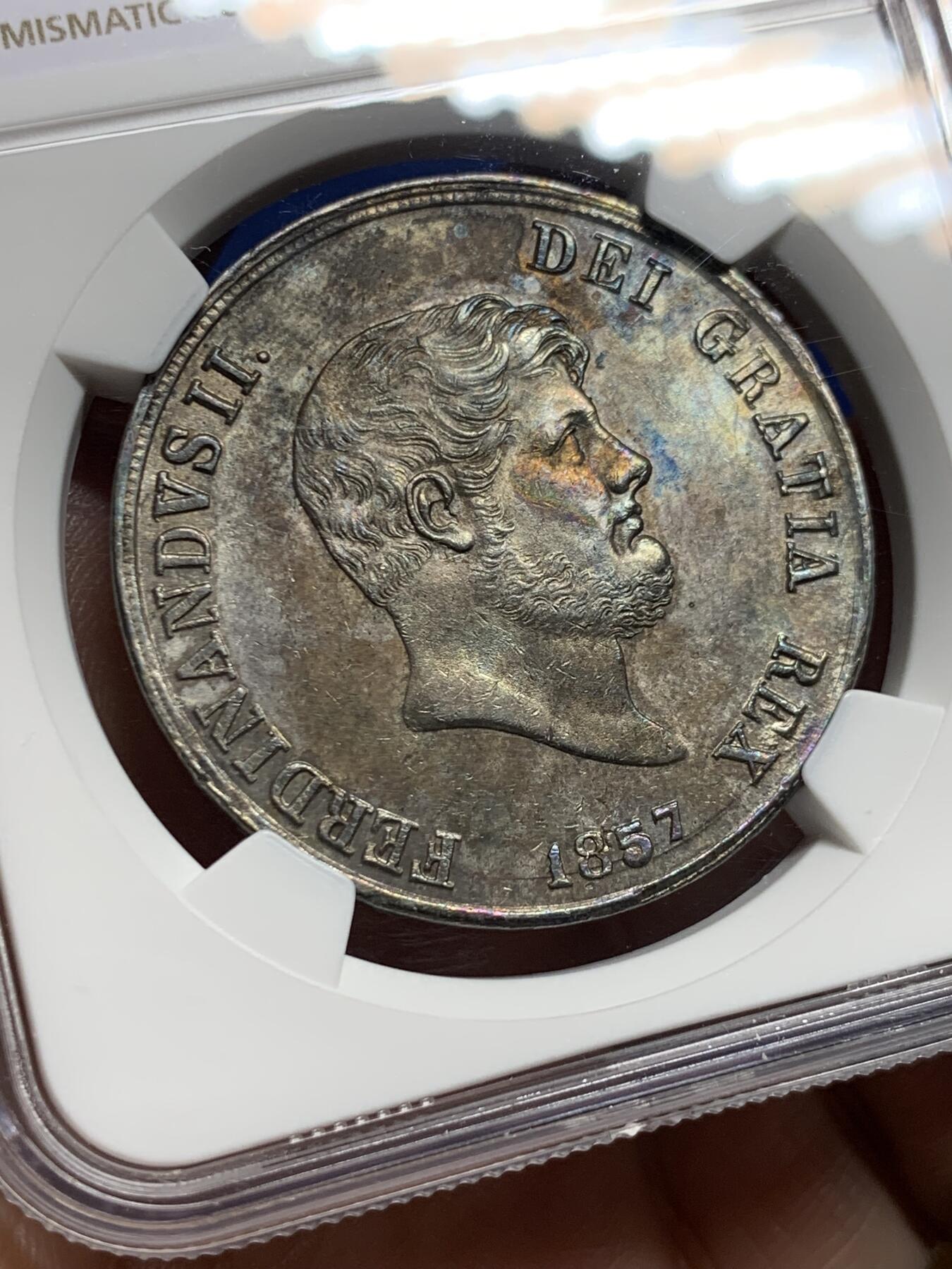 《竞宝斋》第437场 周日，周一2场连拍 （全场包邮） NGC MS61 意大利1857年 那不勒斯西西里120G大银币