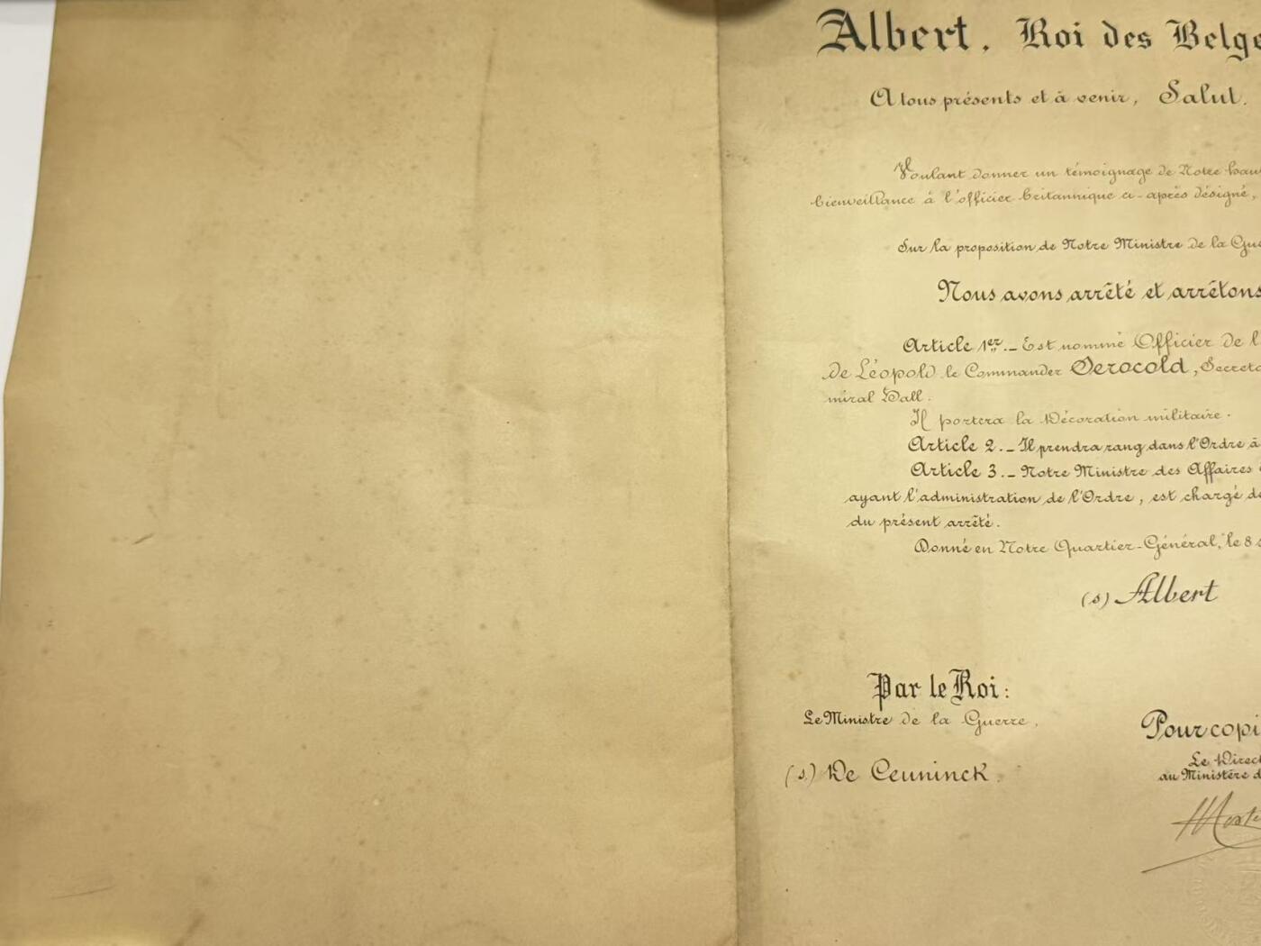 韵星假日精品2025秋季军品类拍卖会-- Rimey Holidays Boutique 2025 Autumn Militaria Sale 比利时阿尔贝一世国王授予英国皇家海军军官奥罗科德，军官级利奥波德勋章的证书