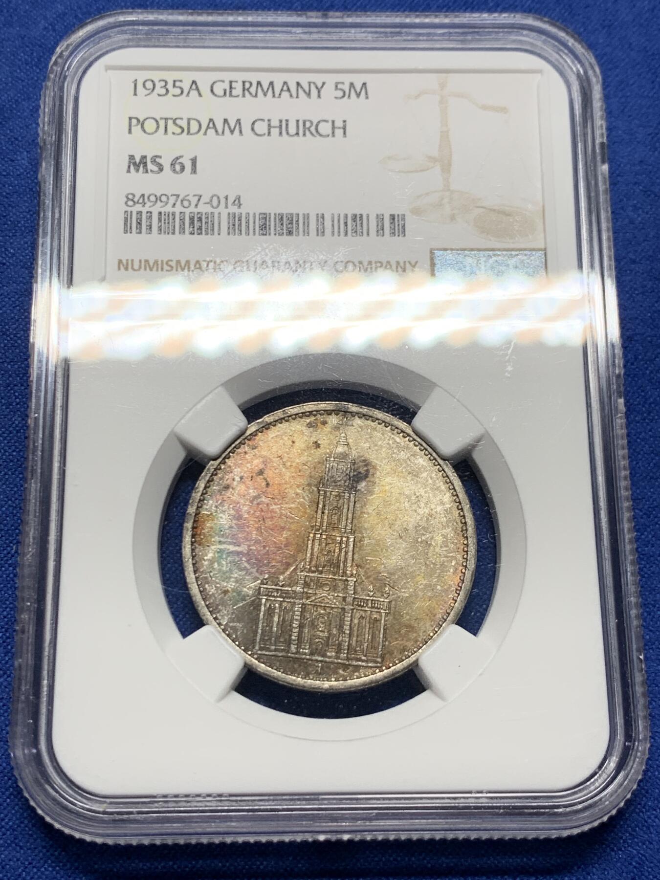 《竞宝斋》第437场 周日，周一2场连拍 （全场包邮） NGC MS61 德国第三帝国 1935A 波茨坦教堂 5马克 银币 第三帝国银币极少见五彩