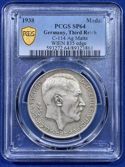 《竞宝斋》第437场 周日，周一2场连拍 （全场包邮） - PCGS SP64 德国1938年跨过因斯布鲁克大桥吞并奥地利纪念银章 MATTE版本 热门品种