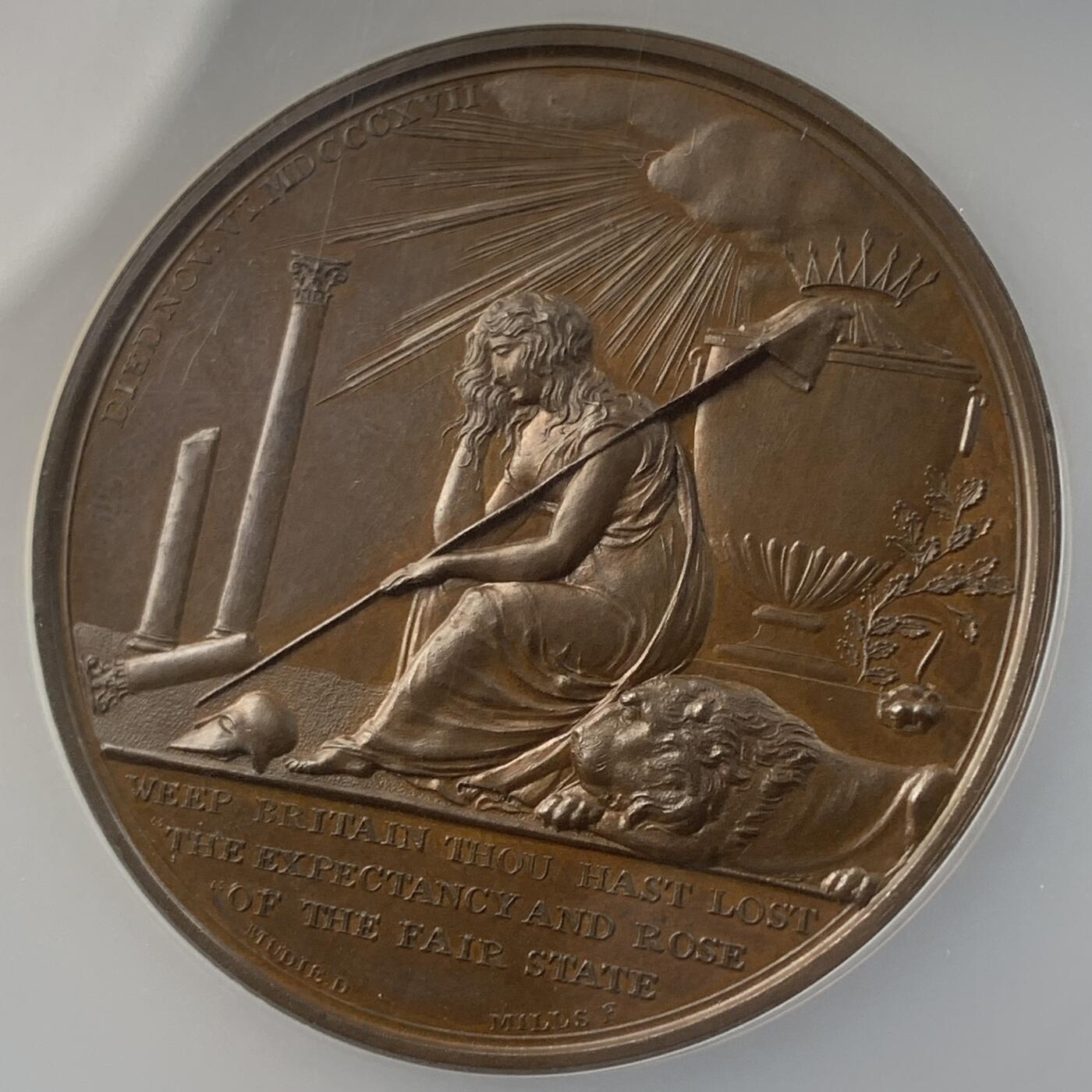 掌中浮雕-藏着的欧洲第041场 NGC MS64 : 1817年英国国王乔治四世唯一的孩子夏洛特公主去世纪念铜章，50mm